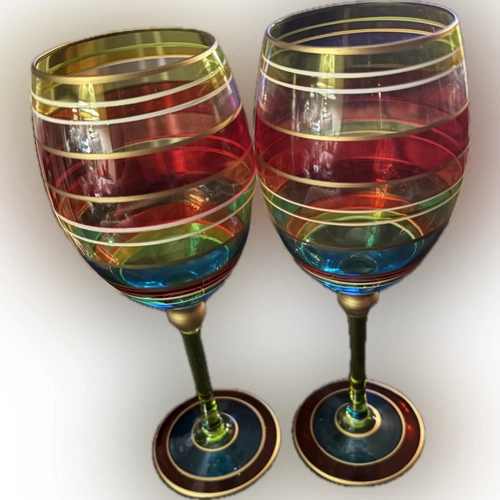 VTG Pier 1 Imports Festive Stripe Wine Glasses Set of 4 - Hand Painted Gold Gilt